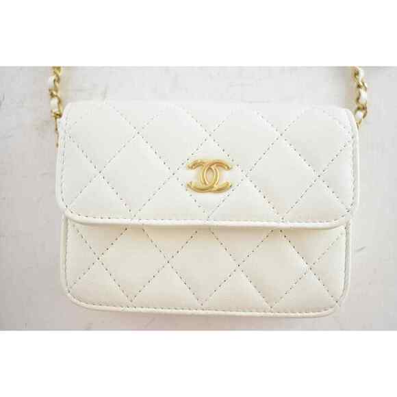 Chanel 22C White Pearl Crush Clutch Mini Chain Classic Gold Card Belt Waist Bag - Picture 3 of 12